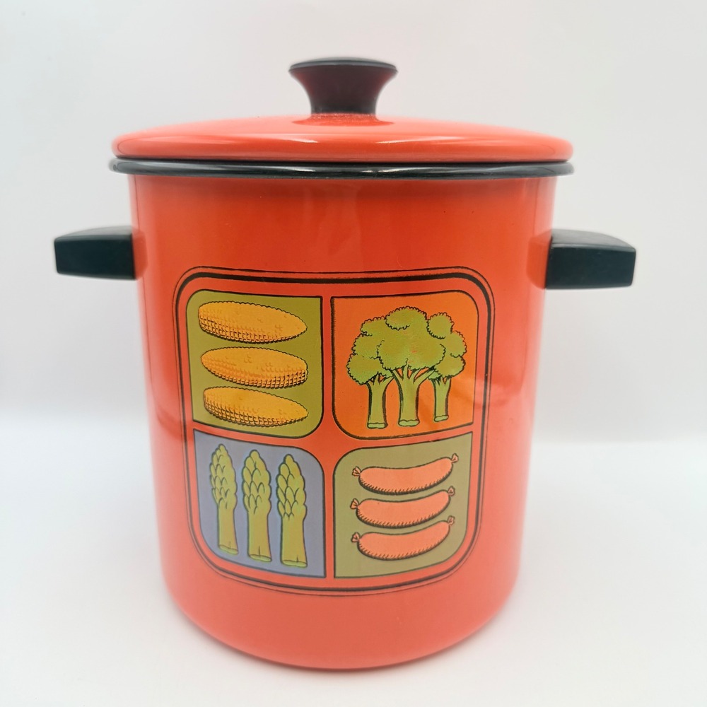 Vintage Orange Enamel Steamer Pot Retro Vegetable Graphic 3-Way Insert Lid